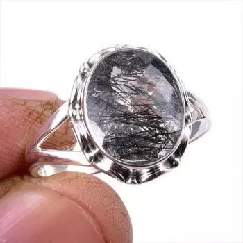 Natural Black Rutile Gemstone 925 Solid Sterling Silver Jewelry Ring S.8.5 w3C76