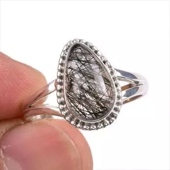 Natural Black Rutile Gemstone 925 Solid Sterling Silver Jewelry Ring Size 9 e0V16