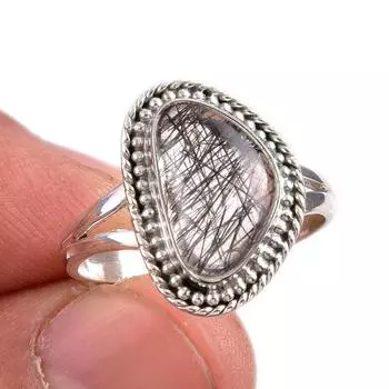 Natural Black Rutile Gemstone 925 Solid Sterling Silver Jewelry Ring S.9.5 d3A38