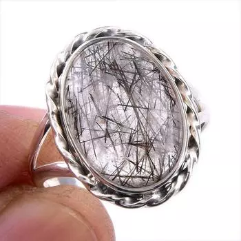 Natural Black Rutile Gemstone 925 Solid Sterling Silver Jewelry Ring S.10 U2l36