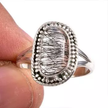 Natural Black Rutile Gemstone 925 Solid Sterling Silver Jewelry Ring S.9.5 W1U16