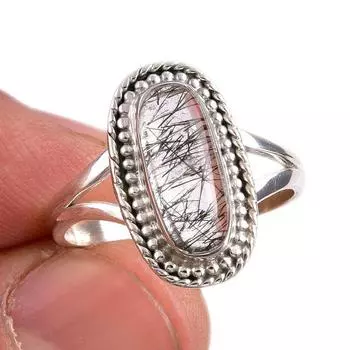 Natural Black Rutile Gemstone 925 Solid Sterling Silver Jewelry Ring S.8.5 t3y57