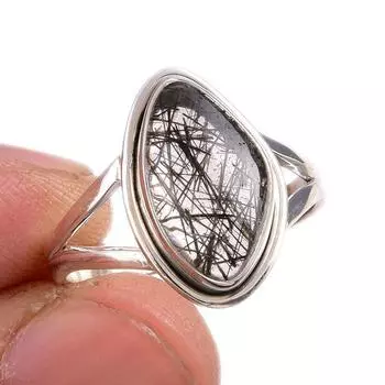 Natural Black Rutile Gemstone 925 Solid Sterling Silver Jewelry Ring S.7.5 e7z67