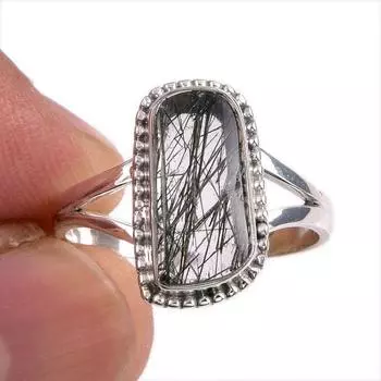 Natural Black Rutile Gemstone 925 Solid Sterling Silver Jewelry Ring Size 9 Q4N03