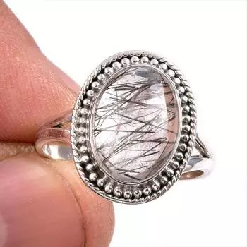 Natural Black Rutile Gemstone 925 Solid Sterling Silver Jewelry Ring Size 8 U4a26