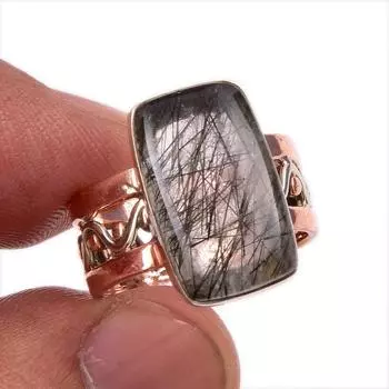 Natural Black Rutile Gemstone 925 Solid Sterling Silver Two Tone Ring S.6 a1s97