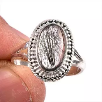 Natural Black Rutile Gemstone 925 Solid Sterling Silver Jewelry Ring Size 8 J9E19