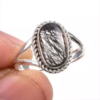 Natural Black Rutile Gemstone 925 Solid Sterling Silver Jewelry Ring Size 8 Q8E37