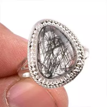 Natural Black Rutile Gemstone 925 Solid Sterling Silver Jewelry Ring Size 7 i0K43