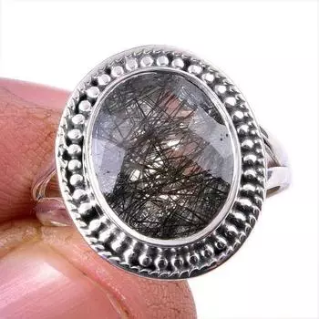 Natural Black Rutile Gemstone 925 Solid Sterling Silver Jewelry Ring Size 7 Q9h79