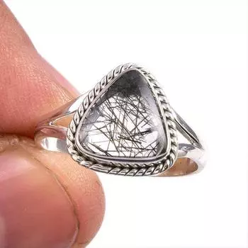 Natural Black Rutile Gemstone 925 Solid Sterling Silver Jewelry Ring S.9.5 O7V00