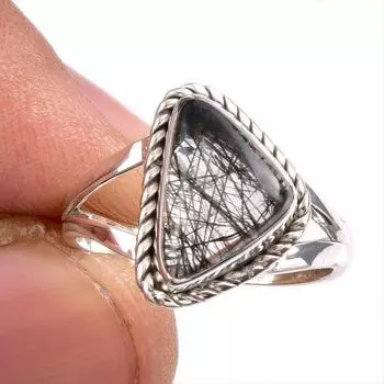 Natural Black Rutile Gemstone 925 Solid Sterling Silver Jewelry Ring S.5.5 r5Q96
