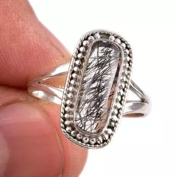 Natural Black Rutile Gemstone 925 Solid Sterling Silver Jewelry Ring S.7.5 L1C58