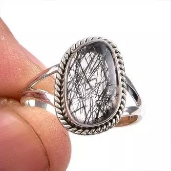 Natural Black Rutile Gemstone 925 Solid Sterling Silver Jewelry Ring S.8.5 H0F27