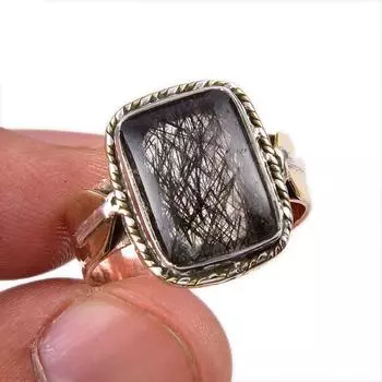 Natural Black Rutile Gemstone 925 Solid Sterling Silver Two Tone Ring S.9 F5P55