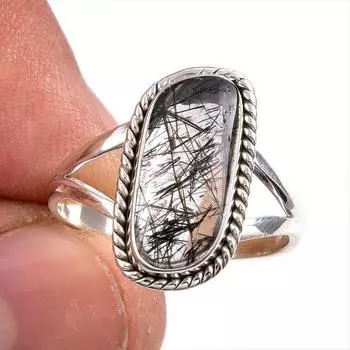 Natural Black Rutile Gemstone 925 Solid Sterling Silver Jewelry Ring Size 9 j7h64