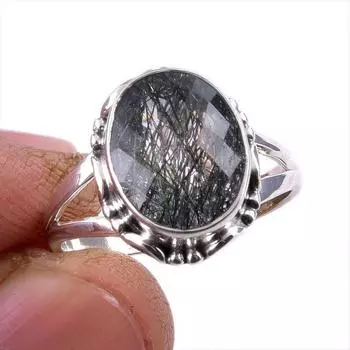 Natural Black Rutile Gemstone 925 Solid Sterling Silver Jewelry Ring Size 8 h4L60