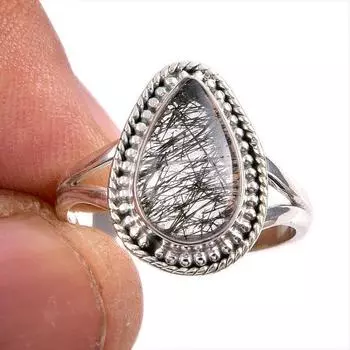 Natural Black Rutile Gemstone 925 Solid Sterling Silver Jewelry Ring Size 8 M2Z53