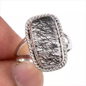 Natural Black Rutile Gemstone 925 Solid Sterling Silver Jewelry Ring Size 7 u3t35