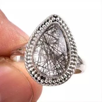 Natural Black Rutile Gemstone 925 Solid Sterling Silver Jewelry Ring S.9.5 N6t59