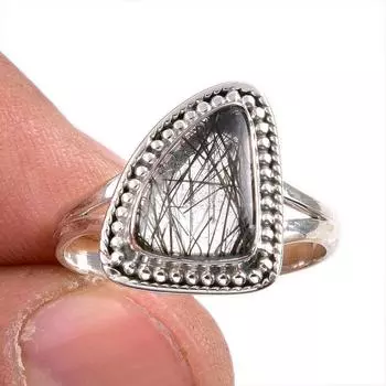 Natural Black Rutile Gemstone 925 Solid Sterling Silver Jewelry Ring Size 9 H8F78