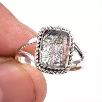 Natural Black Rutile Gemstone 925 Solid Sterling Silver Jewelry Ring Size 7 N9G23