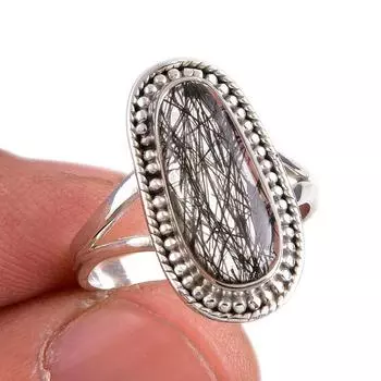 Natural Black Rutile Gemstone 925 Solid Sterling Silver Jewelry Ring S.7.5 a0N48