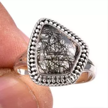 Natural Black Rutile Gemstone 925 Solid Sterling Silver Jewelry Ring S.8.5 W4w10