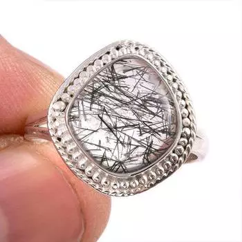 Natural Black Rutile Gemstone 925 Solid Sterling Silver Jewelry Ring S.10 p1m76