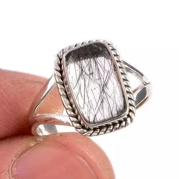 Natural Black Rutile Gemstone 925 Solid Sterling Silver Jewelry Ring Size 7 F2U25