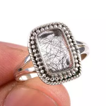 Natural Black Rutile Gemstone 925 Solid Sterling Silver Jewelry Ring Size 8 F4K44