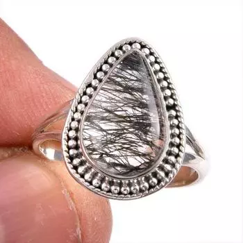 Natural Black Rutile Gemstone 925 Solid Sterling Silver Jewelry Ring S.8.5 u1S77