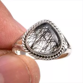 Natural Black Rutile Gemstone 925 Solid Sterling Silver Jewelry Ring S.7.5 v0C45