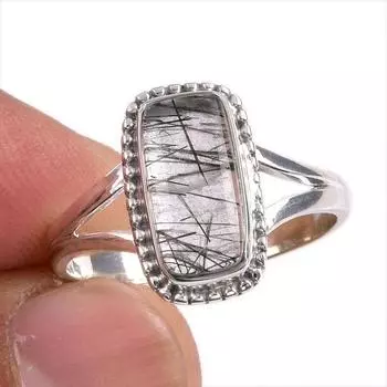 Natural Black Rutile Gemstone 925 Solid Sterling Silver Jewelry Ring S.8.5 h6A31