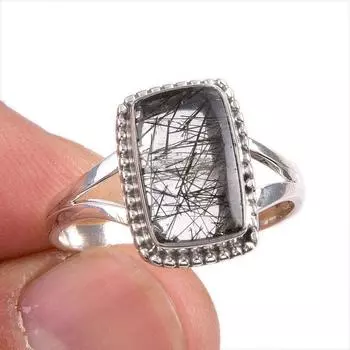 Natural Black Rutile Gemstone 925 Solid Sterling Silver Jewelry Ring S.9.5 Z2L92