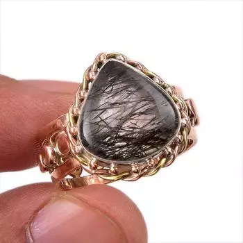 Natural Black Rutile Gemstone 925 Solid Sterling Silver Two Tone Ring S.9 j5c02