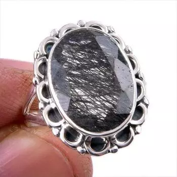 Natural Black Rutile Gemstone 925 Solid Sterling Silver Jewelry Ring Size 7 o3m62
