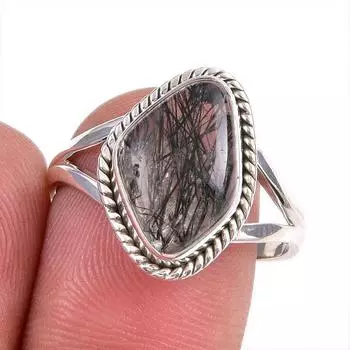 Natural Black Rutile Gemstone 925 Solid Sterling Silver Jewelry Ring S.8.5 s6V57