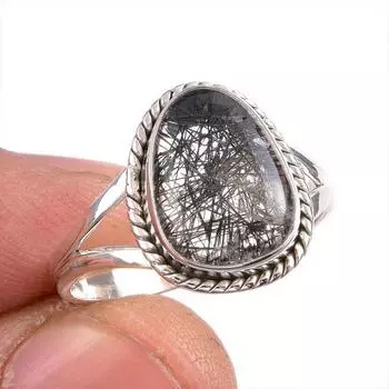 Natural Black Rutile Gemstone 925 Solid Sterling Silver Jewelry Ring S.8.5 h4W96