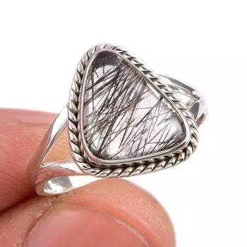 Natural Black Rutile Gemstone 925 Solid Sterling Silver Jewelry Ring S.8.5 I9h10