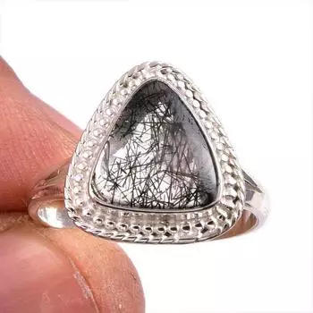 Natural Black Rutile Gemstone 925 Solid Sterling Silver Jewelry Ring S.9.5 I4j06