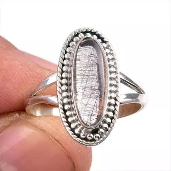Natural Black Rutile Gemstone 925 Solid Sterling Silver Jewelry Ring S.8.5 a9P43