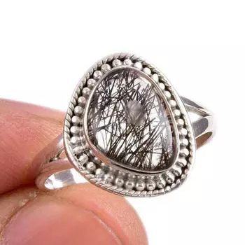 Natural Black Rutile Gemstone 925 Solid Sterling Silver Jewelry Ring S.8.5 A6k76