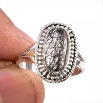 Natural Black Rutile Gemstone 925 Solid Sterling Silver Jewelry Ring S.5.5 o9D45