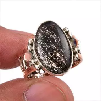 Natural Black Rutile Gemstone 925 Solid Sterling Silver Two Tone Ring S.7 q6m18