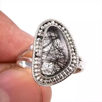 Natural Black Rutile Gemstone 925 Solid Sterling Silver Jewelry Ring Size 7 t2u78