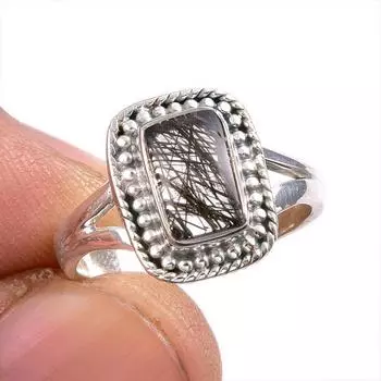 Natural Black Rutile Gemstone 925 Solid Sterling Silver Jewelry Ring S.5.5 B4q74