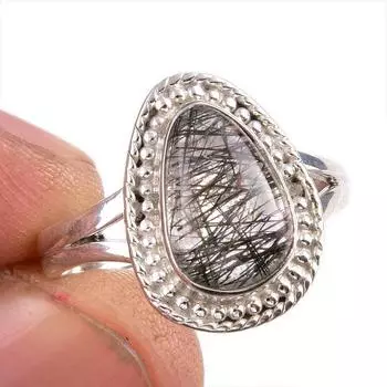 Natural Black Rutile Gemstone 925 Solid Sterling Silver Jewelry Ring Size 8 j6V37