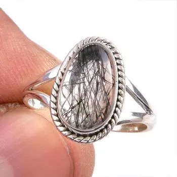 Natural Black Rutile Gemstone 925 Solid Sterling Silver Jewelry Ring S.7.5 b0t12