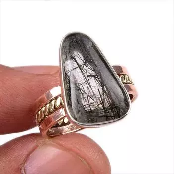 Natural Black Rutile Gemstone 925 Solid Sterling Silver Two Tone Ring S.7 p4H79